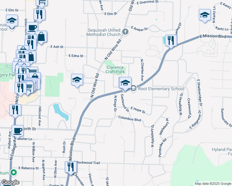 map of restaurants, bars, coffee shops, grocery stores, and more near 1501 North Kings Drive in Fayetteville