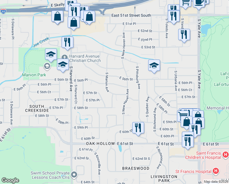 map of restaurants, bars, coffee shops, grocery stores, and more near 3805 East 57th Street in Tulsa