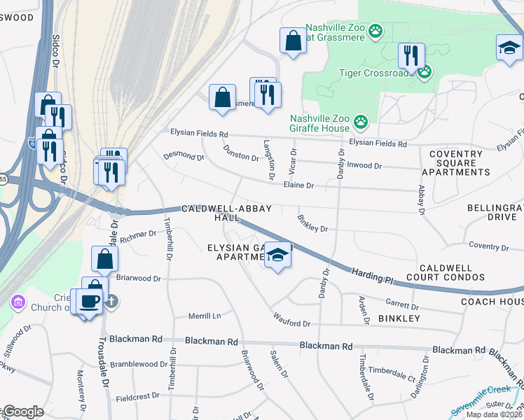 map of restaurants, bars, coffee shops, grocery stores, and more near 369A Lynn Drive in Nashville