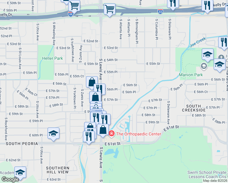 map of restaurants, bars, coffee shops, grocery stores, and more near 2434 East 56th Place in Tulsa