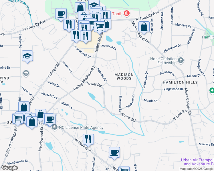 map of restaurants, bars, coffee shops, grocery stores, and more near 304 Falling Leaf Lane in Greensboro