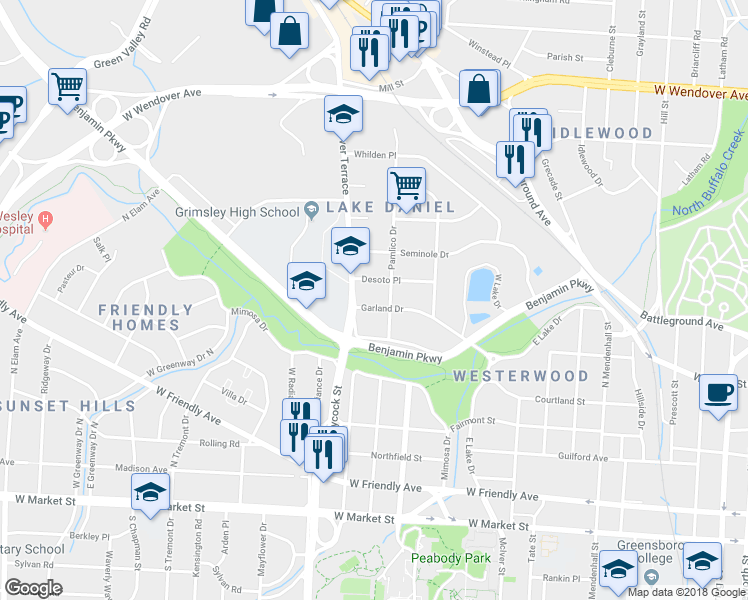 map of restaurants, bars, coffee shops, grocery stores, and more near 1504 Garland Drive in Greensboro