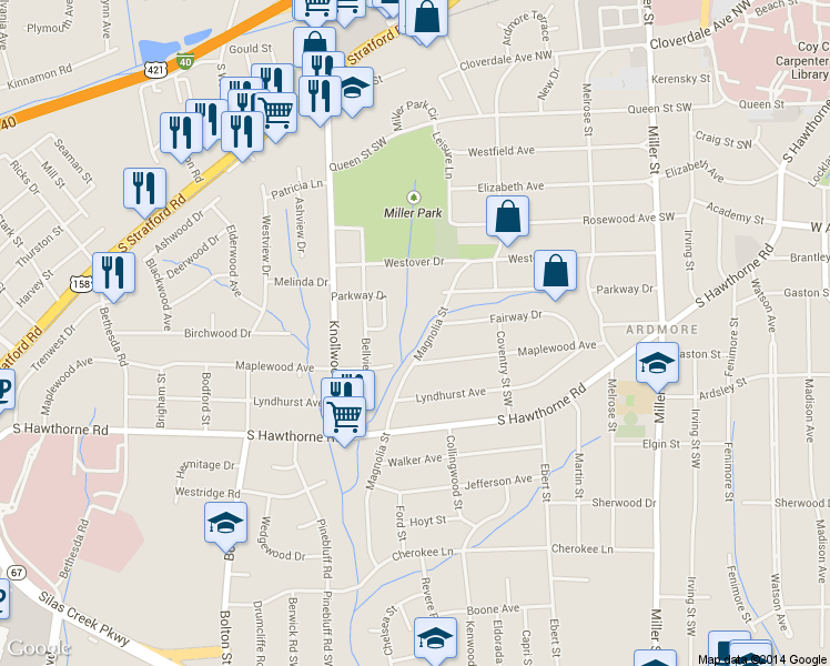 map of restaurants, bars, coffee shops, grocery stores, and more near 836 Magnolia Street in Winston-Salem