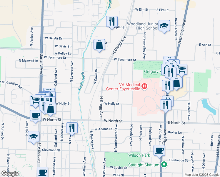 map of restaurants, bars, coffee shops, grocery stores, and more near 426 West Lawson Street in Fayetteville