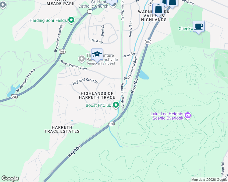 map of restaurants, bars, coffee shops, grocery stores, and more near 29 Vaughns Gap Road in Nashville