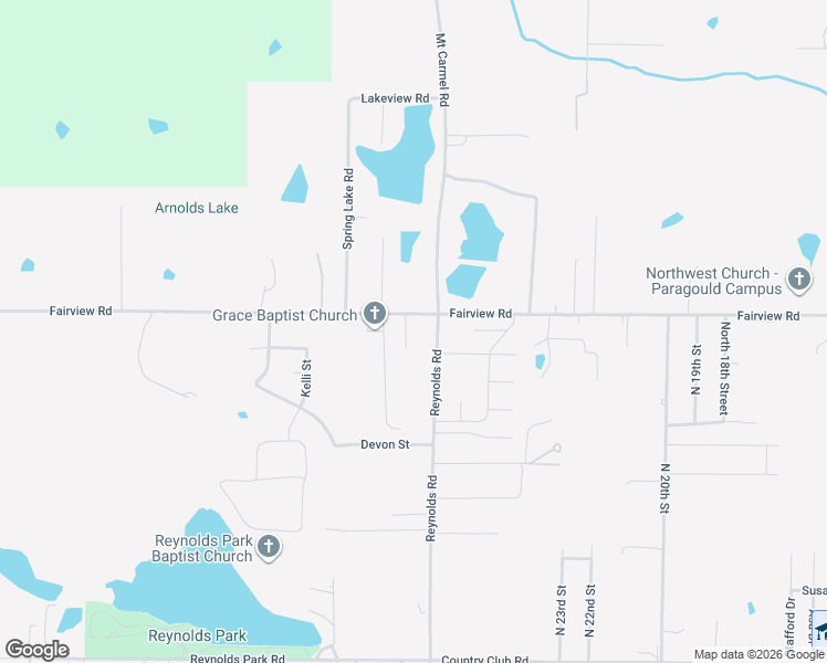 map of restaurants, bars, coffee shops, grocery stores, and more near 2710 Fairview Road in Paragould