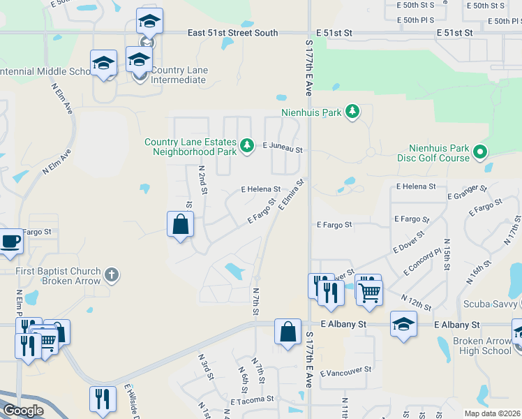 map of restaurants, bars, coffee shops, grocery stores, and more near 612 East Fargo Street in Broken Arrow