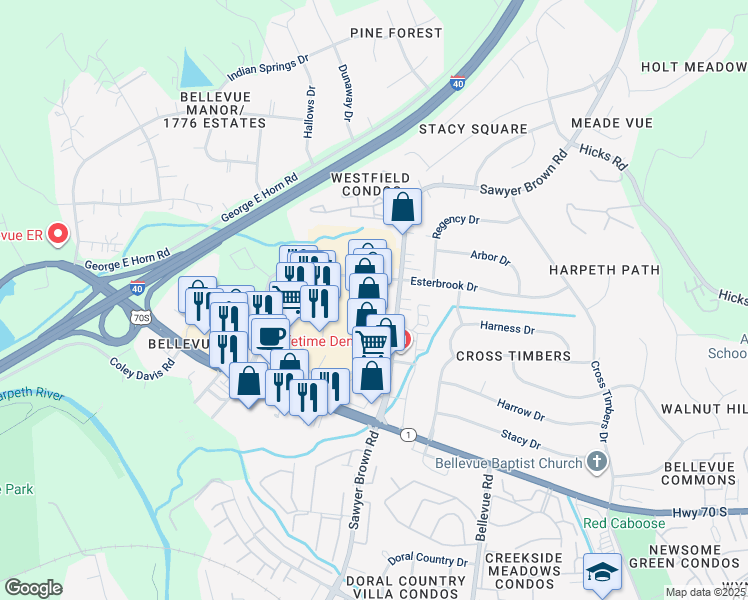 map of restaurants, bars, coffee shops, grocery stores, and more near 8145 Sawyer Brown Road in Nashville