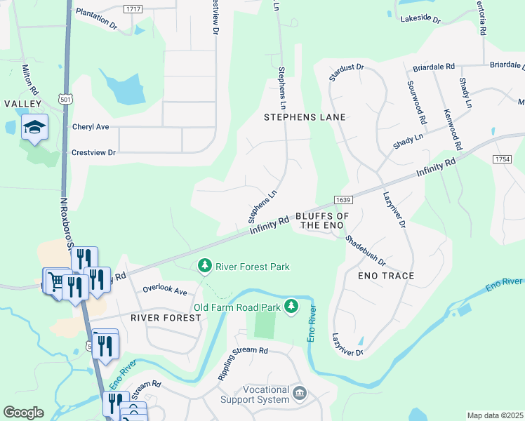 map of restaurants, bars, coffee shops, grocery stores, and more near 4916 Stephens Lane in Durham