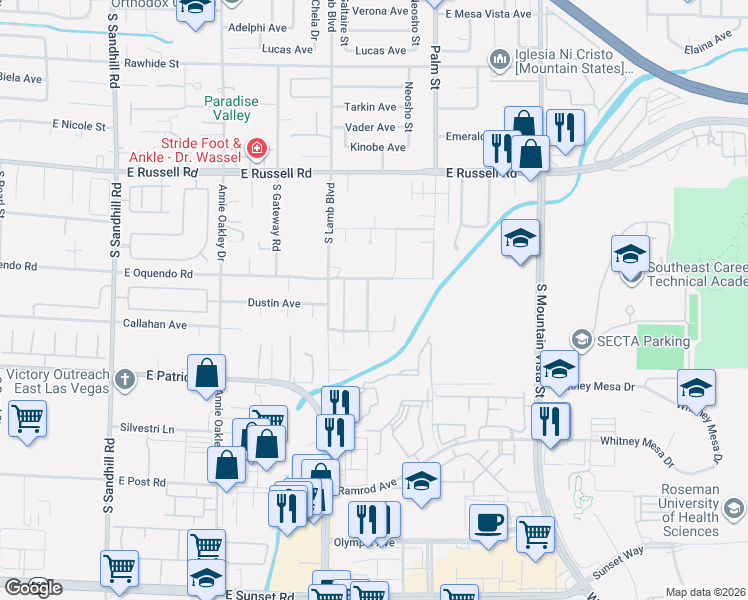 map of restaurants, bars, coffee shops, grocery stores, and more near 5950 Winding Canyon Drive in Las Vegas