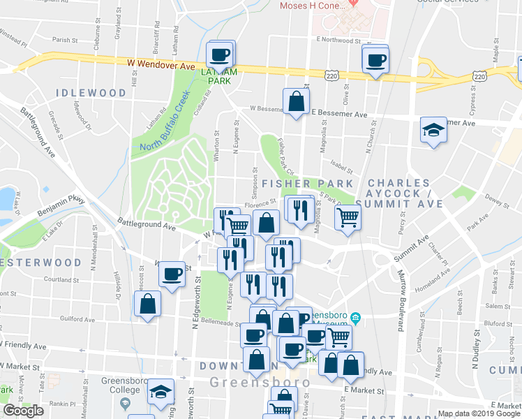 map of restaurants, bars, coffee shops, grocery stores, and more near 712 North Eugene Street in Greensboro