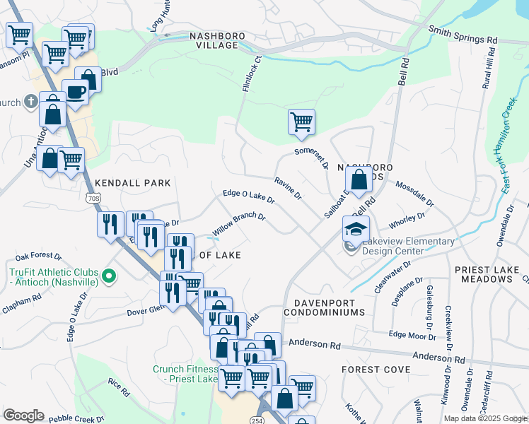 map of restaurants, bars, coffee shops, grocery stores, and more near 2628 Willow Branch Drive in Nashville