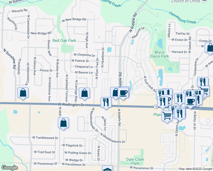 map of restaurants, bars, coffee shops, grocery stores, and more near 1285 North Corsica Drive in Fayetteville