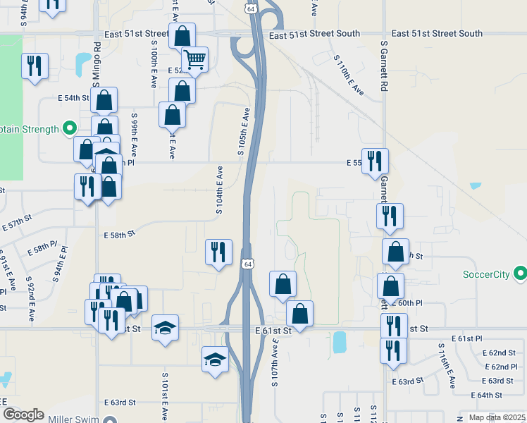 map of restaurants, bars, coffee shops, grocery stores, and more near 5676 South 107th East Avenue in Tulsa