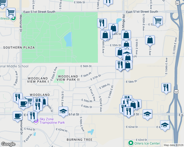 map of restaurants, bars, coffee shops, grocery stores, and more near 8966 East 56th Place in Tulsa