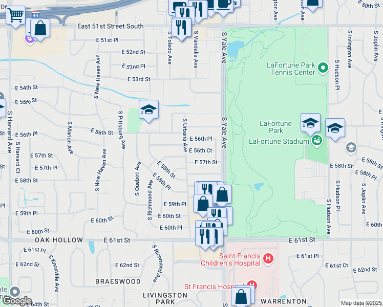 map of restaurants, bars, coffee shops, grocery stores, and more near 4612 East 56th Court in Tulsa