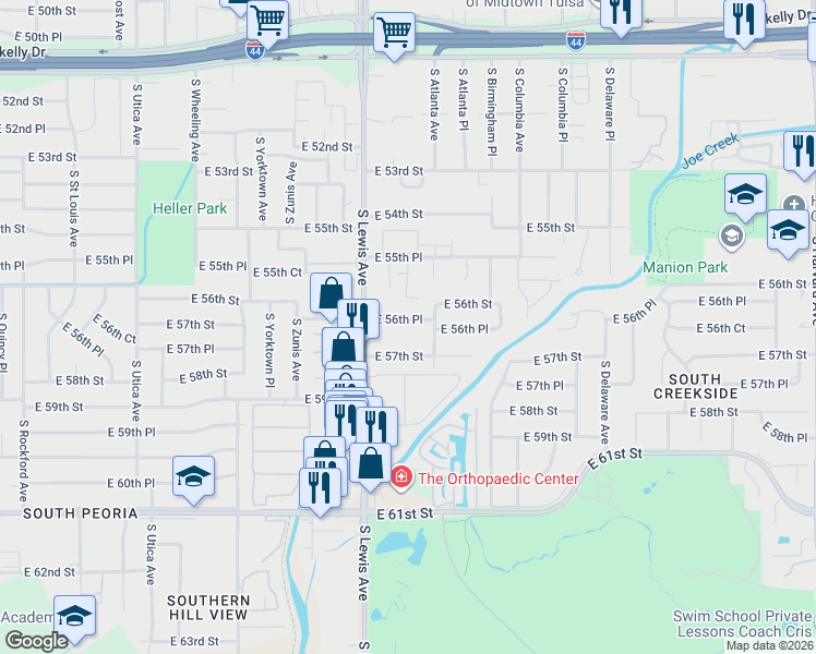map of restaurants, bars, coffee shops, grocery stores, and more near 2434 East 56th Place in Tulsa