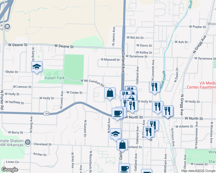 map of restaurants, bars, coffee shops, grocery stores, and more near 1236 West Mount Comfort Road in Fayetteville