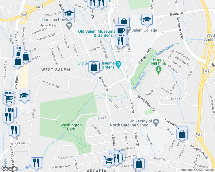 map of restaurants, bars, coffee shops, grocery stores, and more near 1013 South Broad Street in Winston-Salem