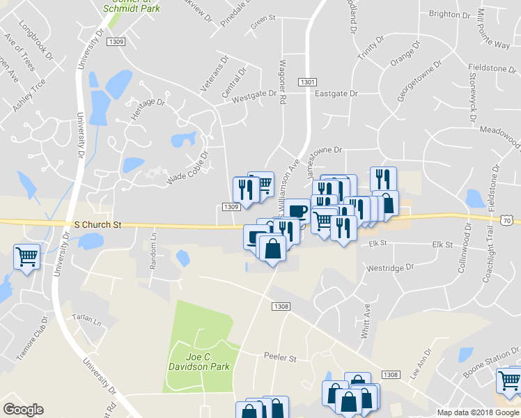map of restaurants, bars, coffee shops, grocery stores, and more near 3535 South Church Street in Burlington