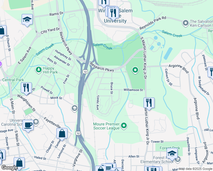 map of restaurants, bars, coffee shops, grocery stores, and more near 1422 Fitch Street in Winston-Salem