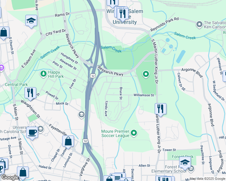 map of restaurants, bars, coffee shops, grocery stores, and more near 1418 Fitch Street in Winston-Salem