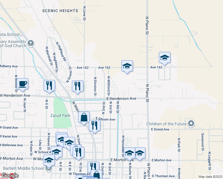 map of restaurants, bars, coffee shops, grocery stores, and more near 860 North Williford Drive in Porterville