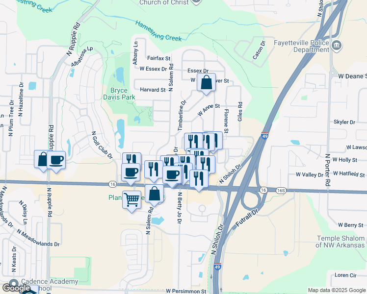map of restaurants, bars, coffee shops, grocery stores, and more near 3241 West Montrail Place in Fayetteville