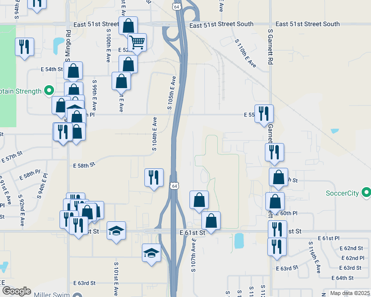 map of restaurants, bars, coffee shops, grocery stores, and more near 5676 South 107th East Avenue in Tulsa