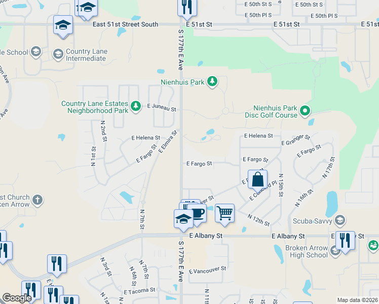 map of restaurants, bars, coffee shops, grocery stores, and more near 5755 South Lynn Lane Road in Broken Arrow