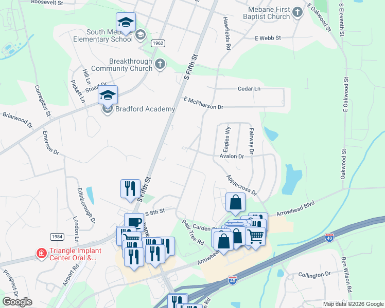 map of restaurants, bars, coffee shops, grocery stores, and more near 306 Avalon Drive in Mebane