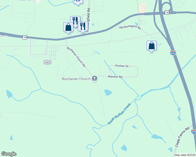 map of restaurants, bars, coffee shops, grocery stores, and more near 301 Buchanan Church Road in Greensboro