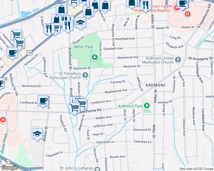 map of restaurants, bars, coffee shops, grocery stores, and more near 2407 Maplewood Avenue in Winston-Salem