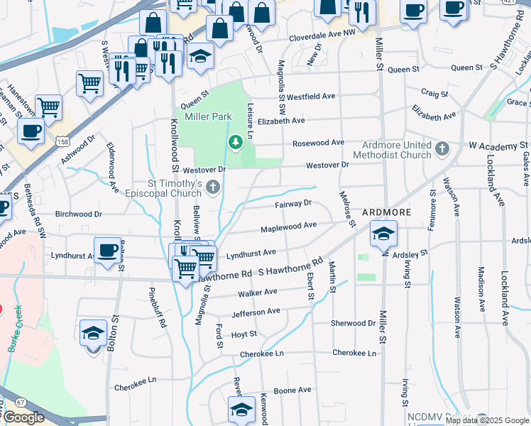 map of restaurants, bars, coffee shops, grocery stores, and more near 2407 Maplewood Avenue in Winston-Salem