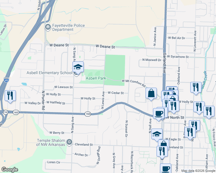 map of restaurants, bars, coffee shops, grocery stores, and more near 1627 West Hefley Street in Fayetteville