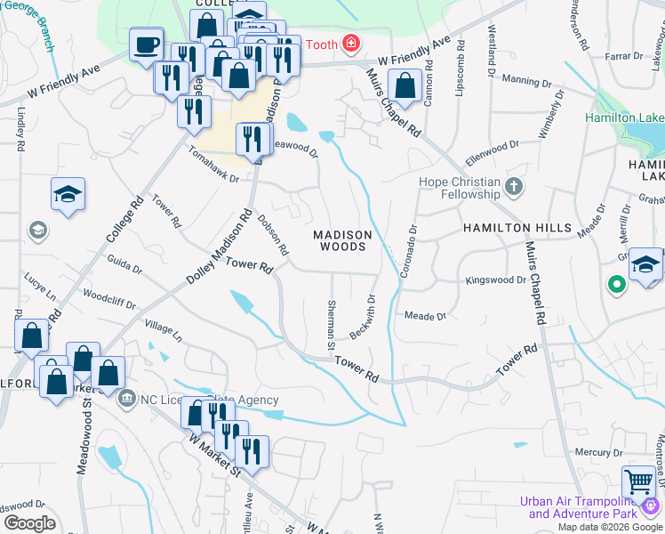 map of restaurants, bars, coffee shops, grocery stores, and more near 5419 Dobson Road in Greensboro