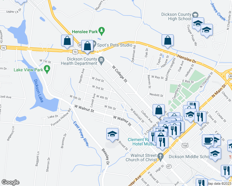 map of restaurants, bars, coffee shops, grocery stores, and more near 709 West Railroad Street in Dickson