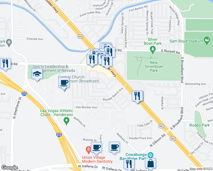 map of restaurants, bars, coffee shops, grocery stores, and more near Boulder Falls Street in Henderson
