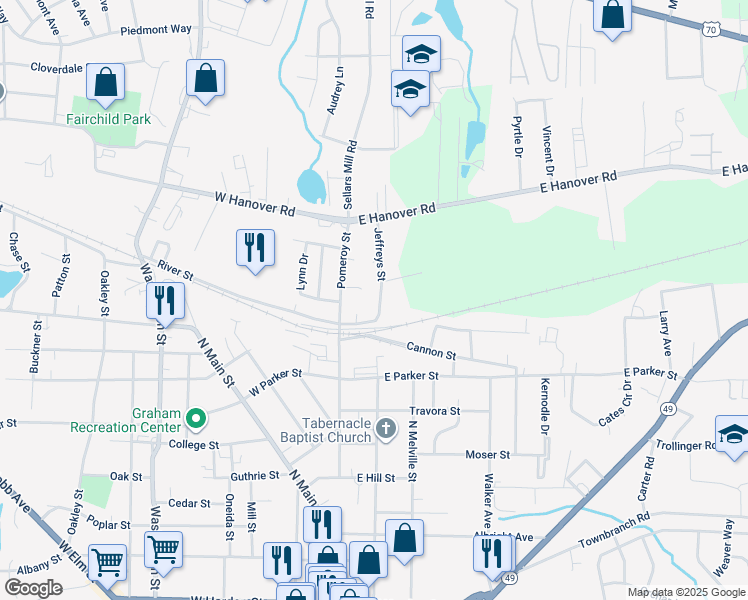 map of restaurants, bars, coffee shops, grocery stores, and more near 1010 Jeffreys Street in Graham
