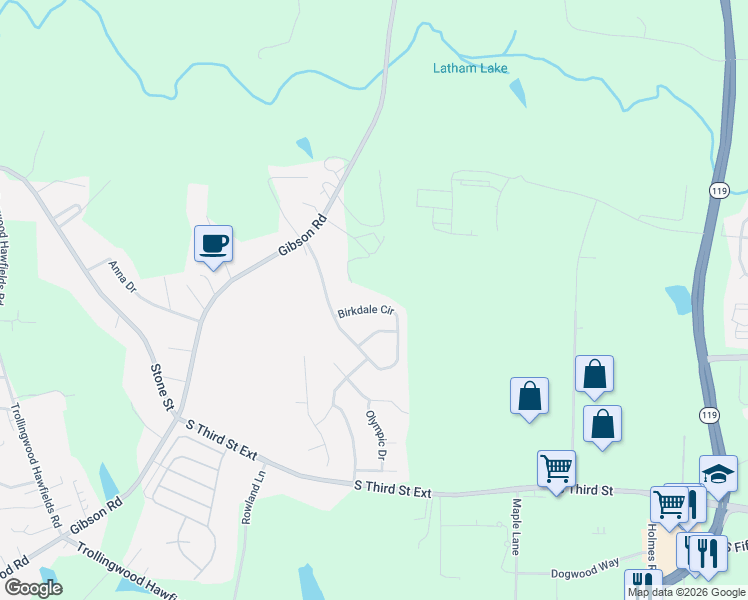 map of restaurants, bars, coffee shops, grocery stores, and more near 1514 Birkdale Circle in Mebane