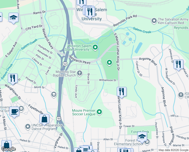 map of restaurants, bars, coffee shops, grocery stores, and more near 1511 Williamson Street in Winston-Salem