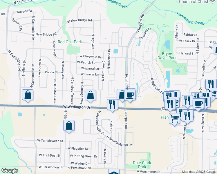 map of restaurants, bars, coffee shops, grocery stores, and more near 1387 North Sicily Lane in Fayetteville