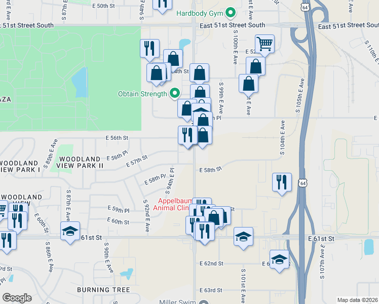 map of restaurants, bars, coffee shops, grocery stores, and more near 5646 South Mingo Road in Tulsa