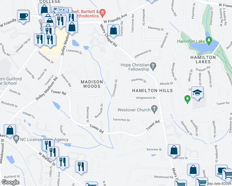 map of restaurants, bars, coffee shops, grocery stores, and more near 606 Coronado Drive in Greensboro