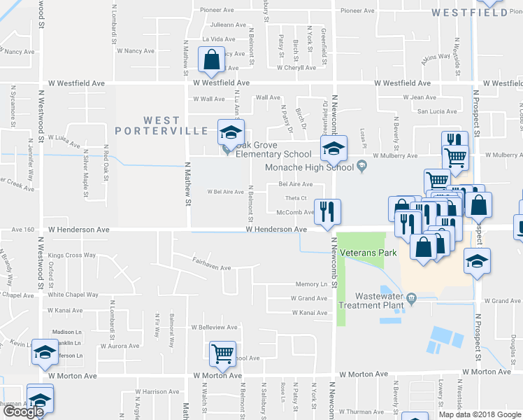 map of restaurants, bars, coffee shops, grocery stores, and more near 851 North Salisbury Street in Porterville