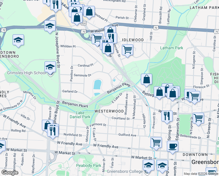 map of restaurants, bars, coffee shops, grocery stores, and more near 512 Benjamin Parkway in Greensboro