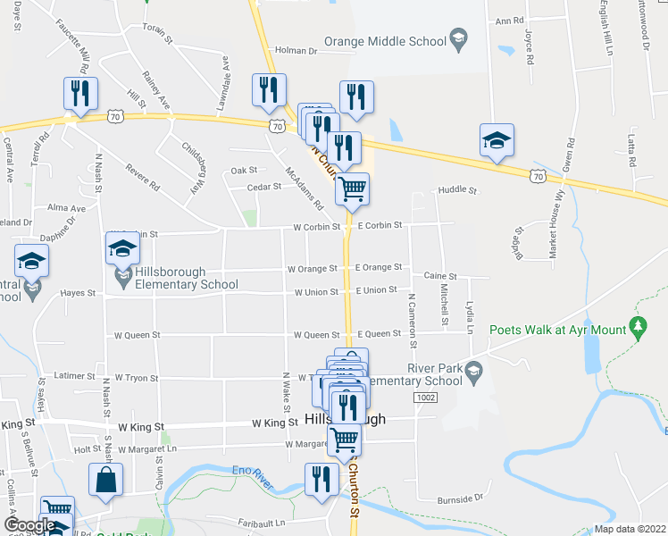 map of restaurants, bars, coffee shops, grocery stores, and more near 105 West Orange Street in Hillsborough