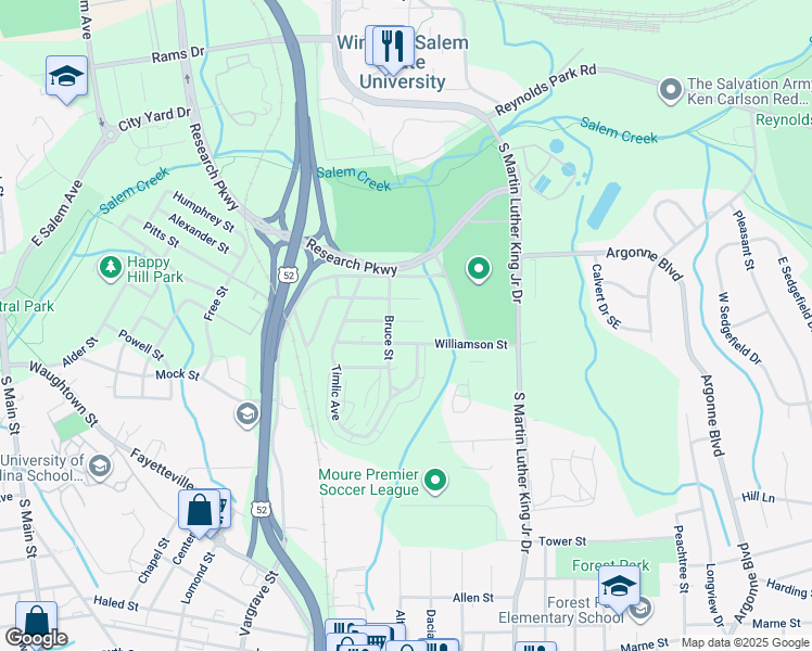 map of restaurants, bars, coffee shops, grocery stores, and more near 1510 Fitch Street in Winston-Salem