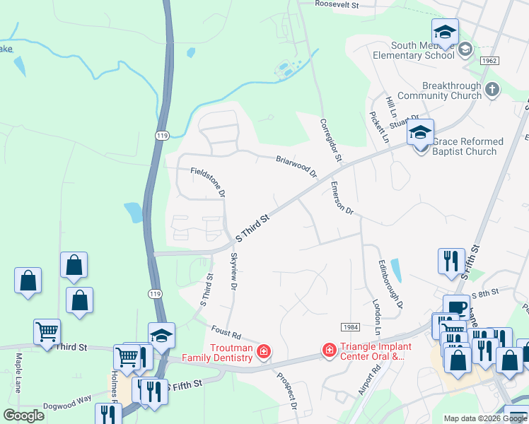 map of restaurants, bars, coffee shops, grocery stores, and more near 1208 South Third Street in Mebane