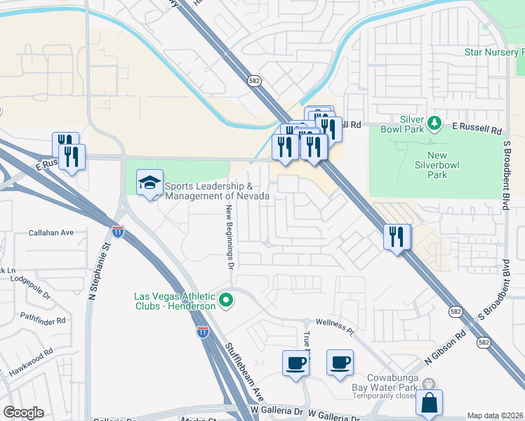 map of restaurants, bars, coffee shops, grocery stores, and more near 5951 Trickling Descent Street in Henderson